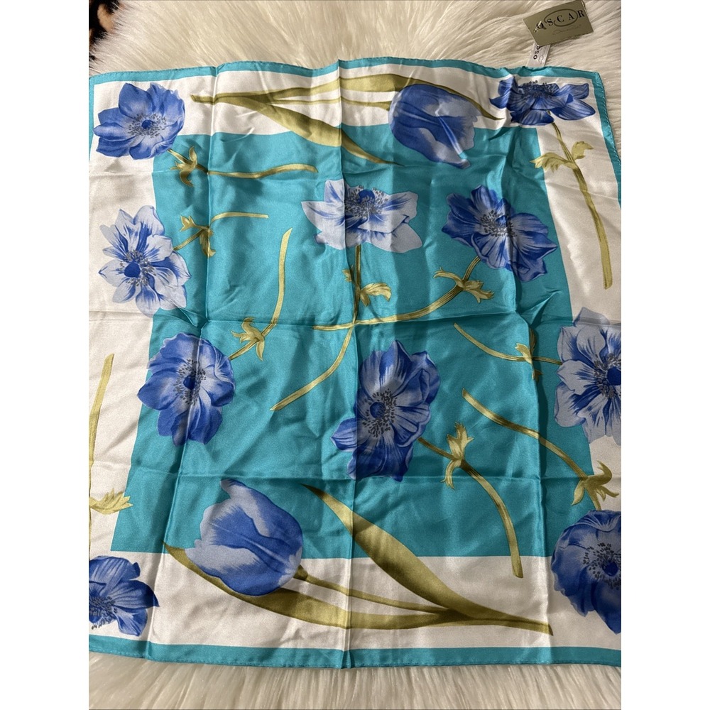 NWT Oscar de la Renta Vintage Silk Square Scarf Turquoise Blue Poppy Tulip 21"
